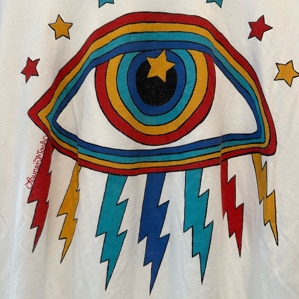 Lauren Moshi Wolf Rainbow Lightening Eye White Tee shirt Small - Picture 3 of 8